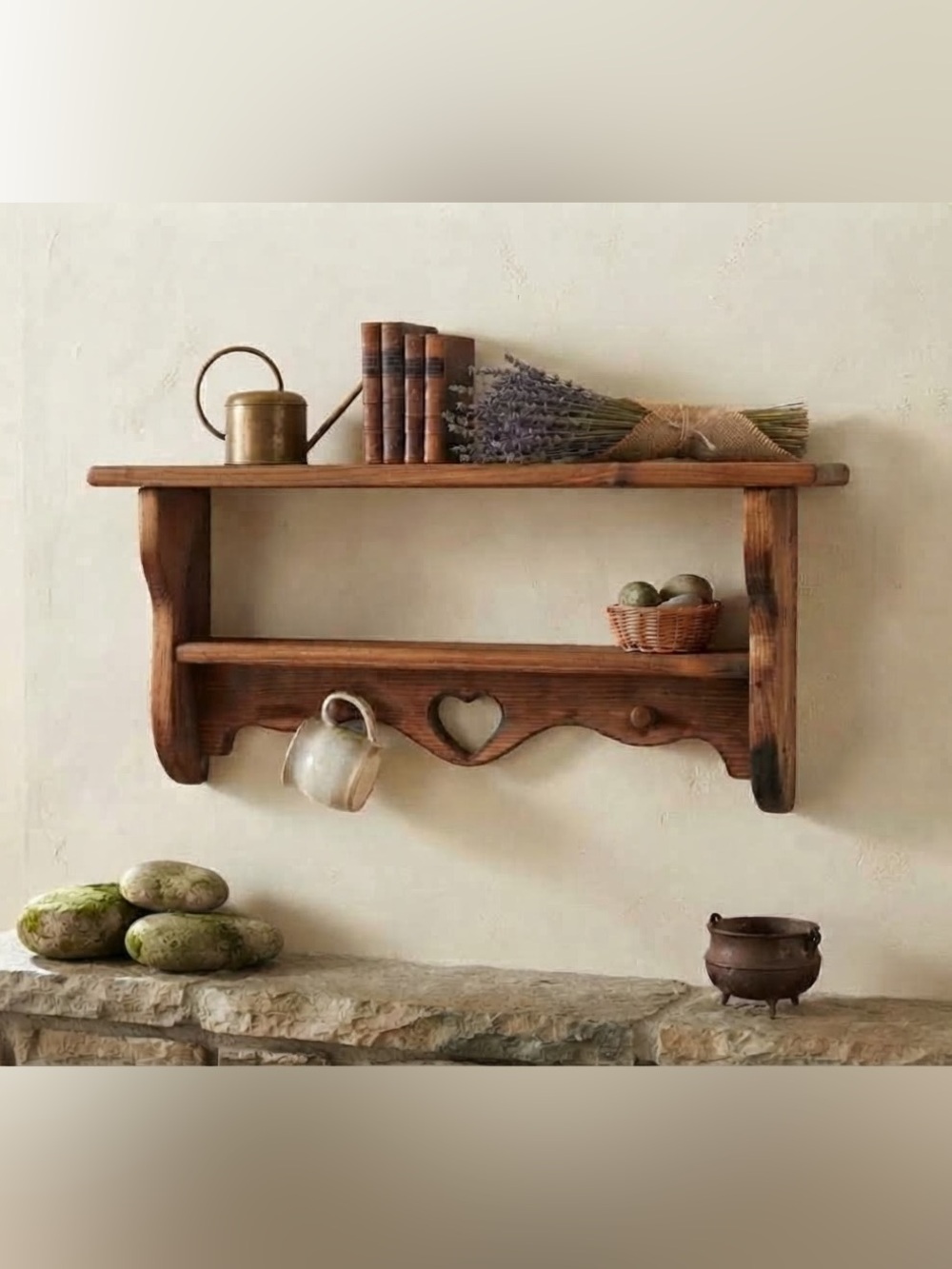 Rustic Wooden Wall Trinket Shelf with Heart Accent and Shaker 2 Pegs